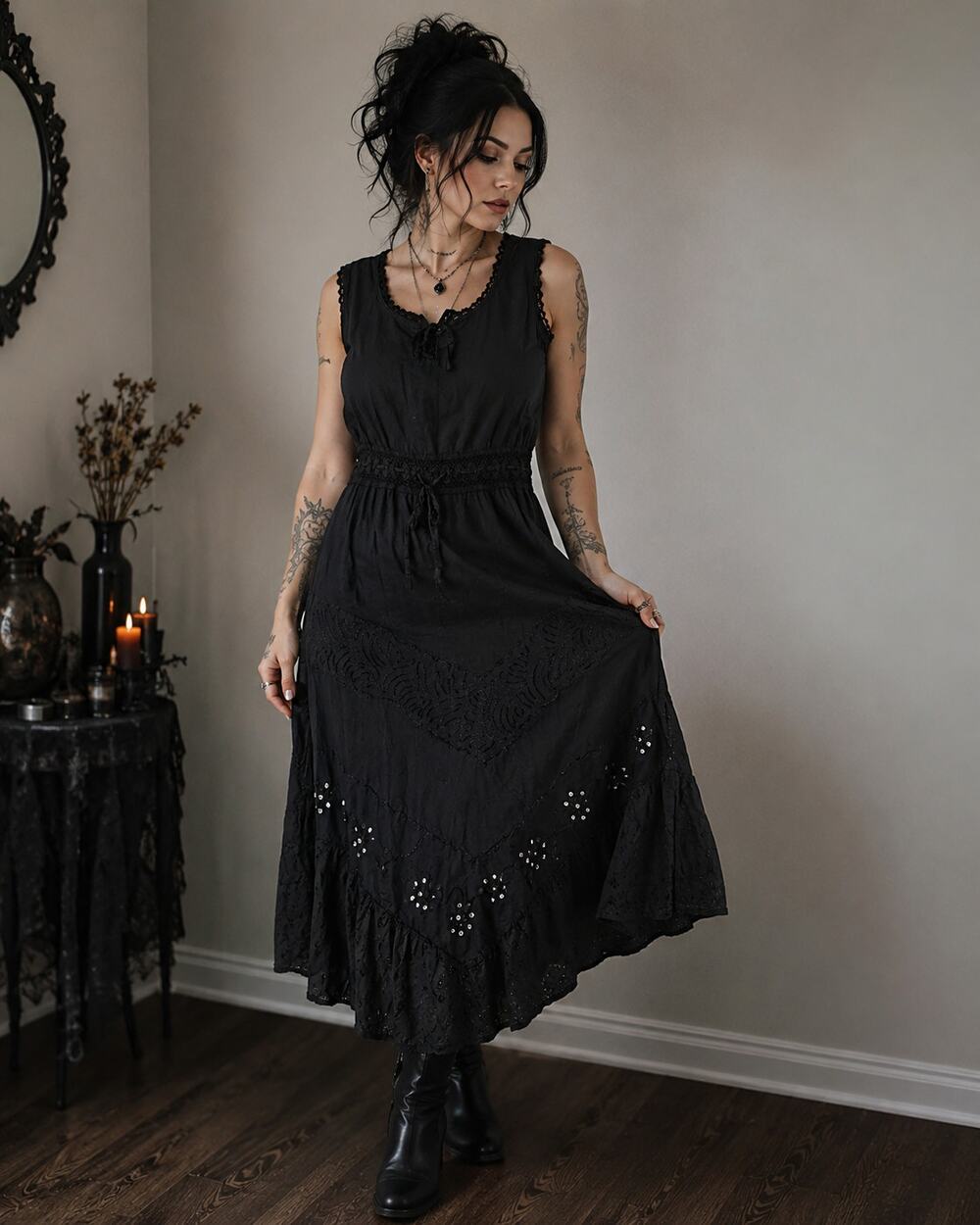 Cassee's Midi Dress Black Embroidered Sequin Lace Boho Cottage Whimsigoth Witchy